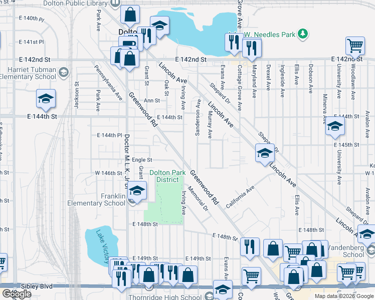map of restaurants, bars, coffee shops, grocery stores, and more near 14508 Irving Avenue in Dolton