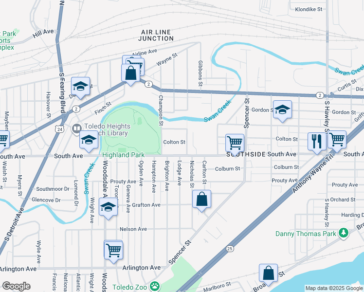 map of restaurants, bars, coffee shops, grocery stores, and more near 1548 South Avenue in Toledo