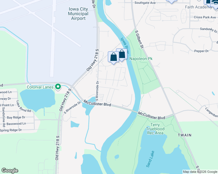 map of restaurants, bars, coffee shops, grocery stores, and more near Thatcher Mobile Home Park in Iowa City
