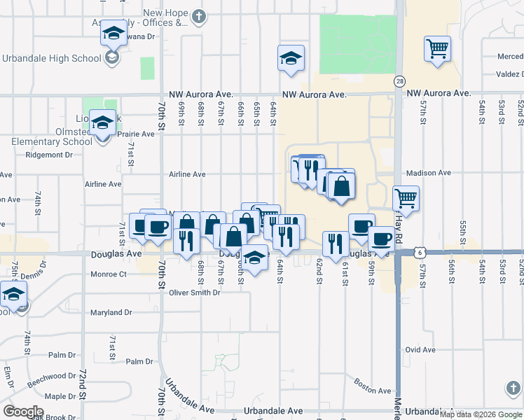 map of restaurants, bars, coffee shops, grocery stores, and more near 6502 Madison Avenue in Urbandale