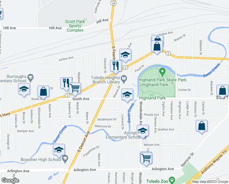 map of restaurants, bars, coffee shops, grocery stores, and more near 472 Shasta Drive in Toledo