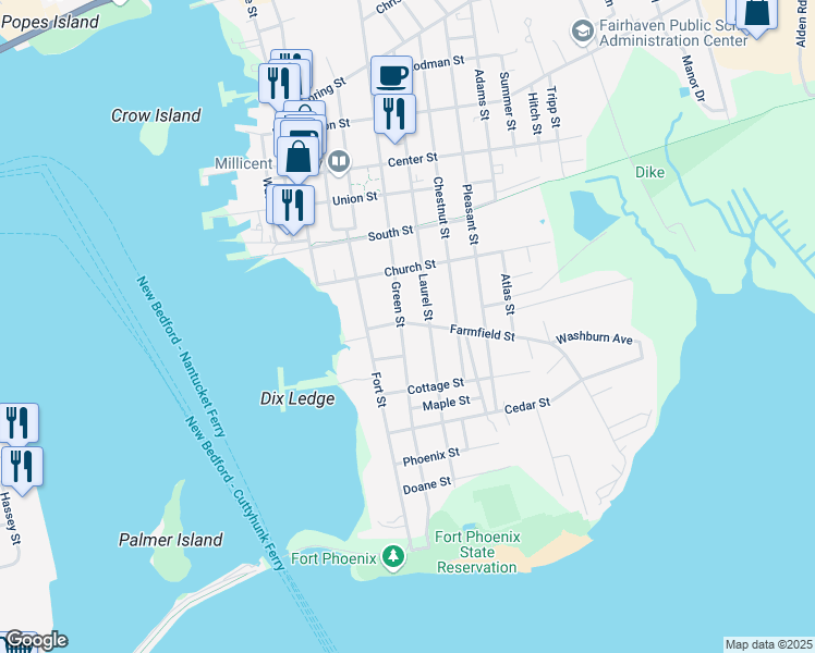 map of restaurants, bars, coffee shops, grocery stores, and more near 43 Green Street in Fairhaven