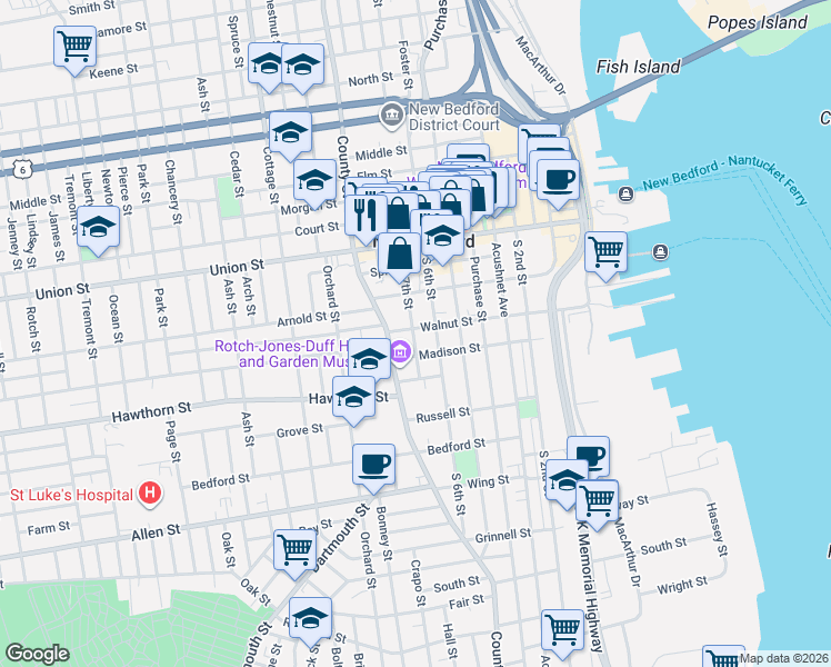 map of restaurants, bars, coffee shops, grocery stores, and more near 75 Madison Street in New Bedford
