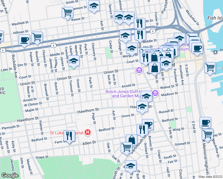 map of restaurants, bars, coffee shops, grocery stores, and more near 129 Ash Street in New Bedford