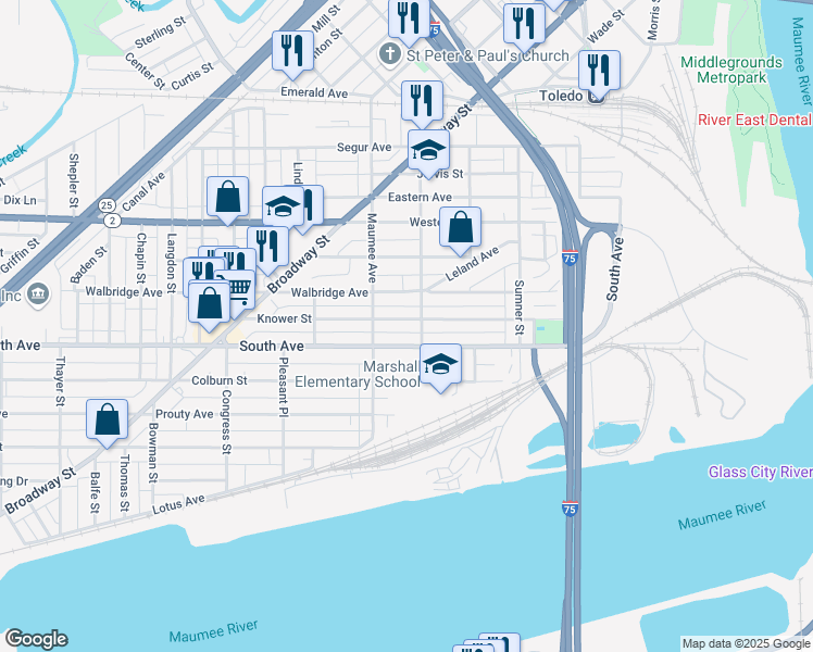 map of restaurants, bars, coffee shops, grocery stores, and more near 402 South Avenue in Toledo