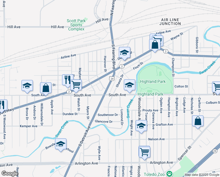 map of restaurants, bars, coffee shops, grocery stores, and more near 488 Shasta Drive in Toledo