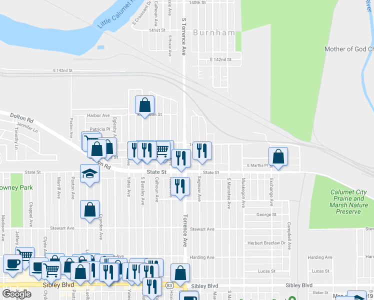 map of restaurants, bars, coffee shops, grocery stores, and more near 14532 South Torrence Avenue in Burnham