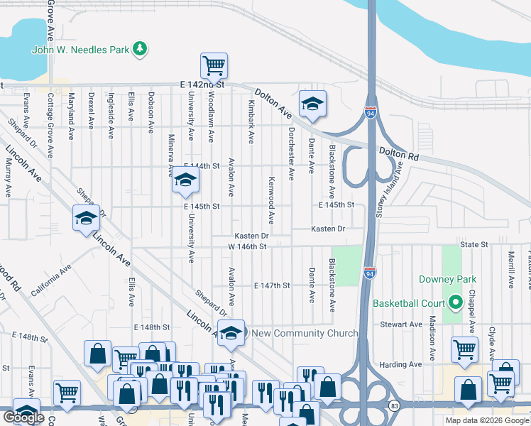 map of restaurants, bars, coffee shops, grocery stores, and more near 14518 Kenwood Avenue in Dolton