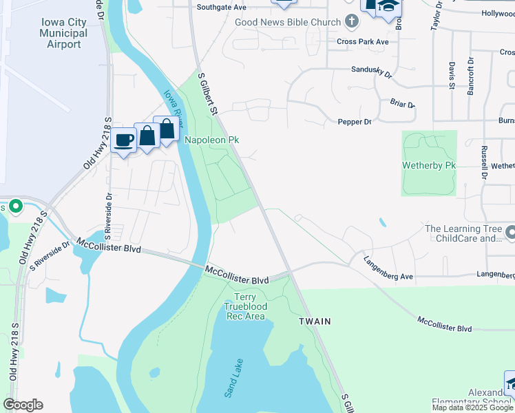 map of restaurants, bars, coffee shops, grocery stores, and more near 3800 Napoleon Lane in Iowa City