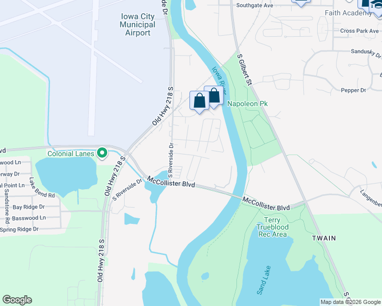 map of restaurants, bars, coffee shops, grocery stores, and more near Thatcher Mobile Home Park in Iowa City
