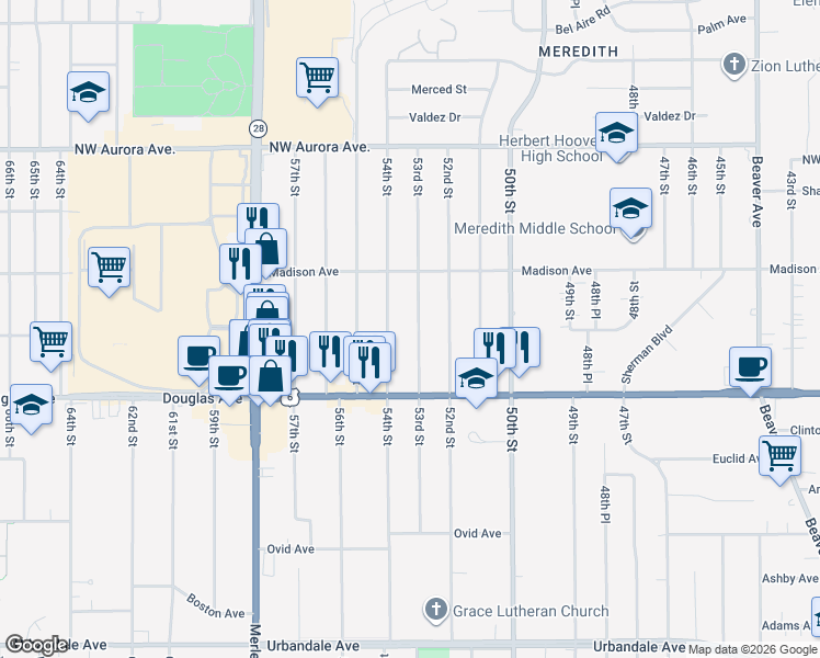 map of restaurants, bars, coffee shops, grocery stores, and more near 3848 53rd Street in Des Moines