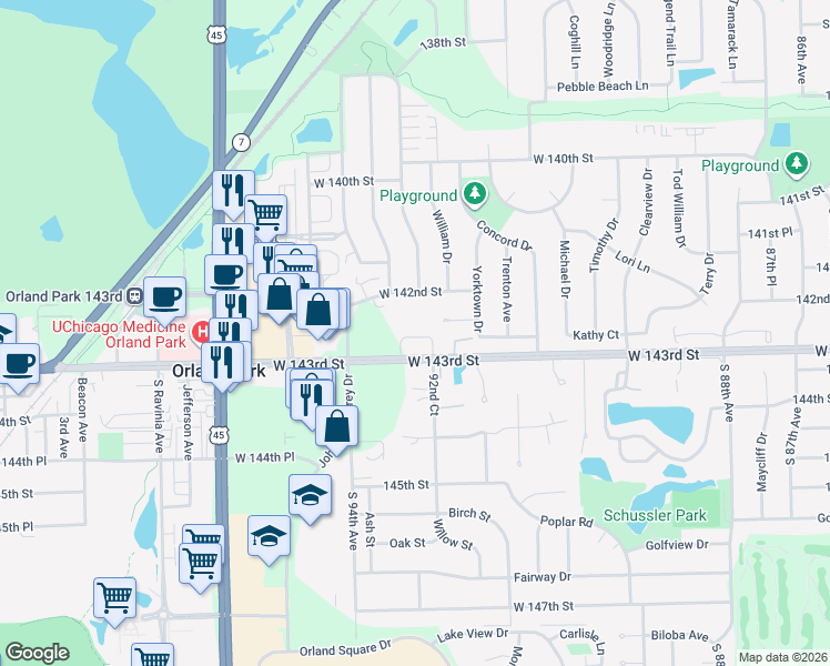 map of restaurants, bars, coffee shops, grocery stores, and more near 9300 West 143rd Street in Orland Park