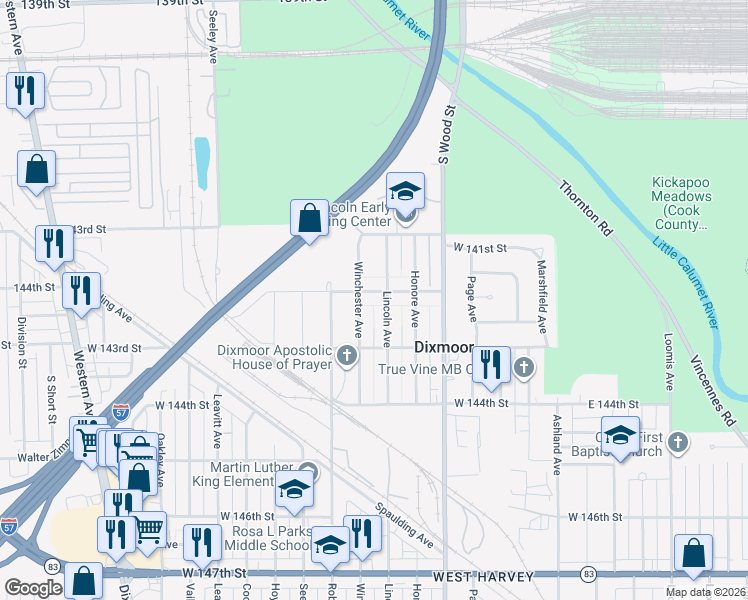 map of restaurants, bars, coffee shops, grocery stores, and more near 14223 Winchester Avenue in Dixmoor