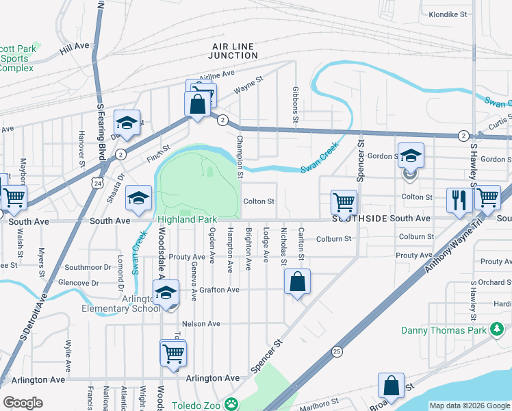 map of restaurants, bars, coffee shops, grocery stores, and more near 1590 South Avenue in Toledo