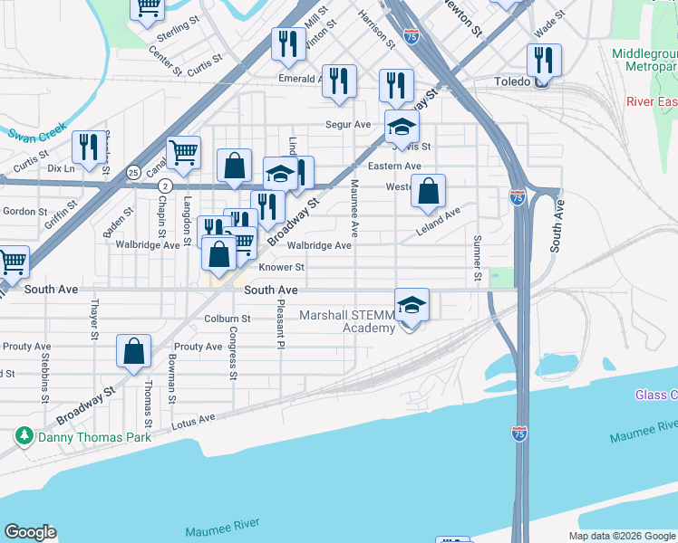 map of restaurants, bars, coffee shops, grocery stores, and more near 517 Knower Street in Toledo