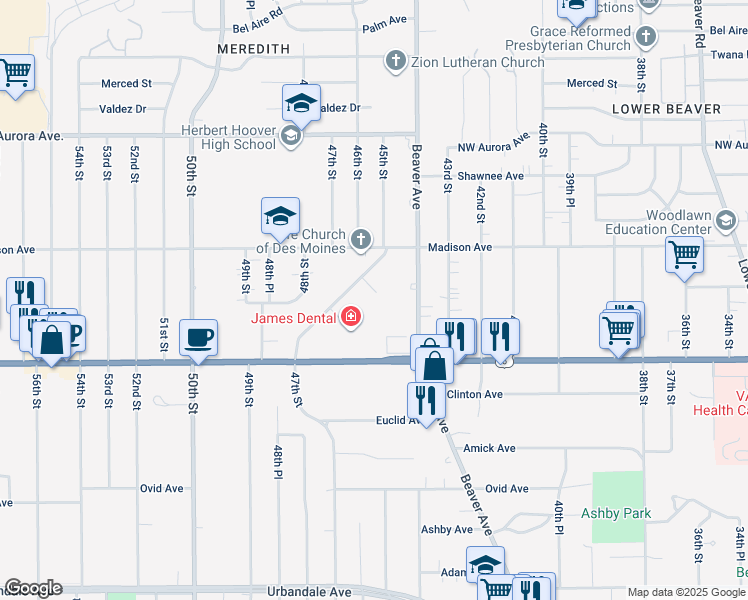 map of restaurants, bars, coffee shops, grocery stores, and more near 4504 Flamingo Court in Des Moines