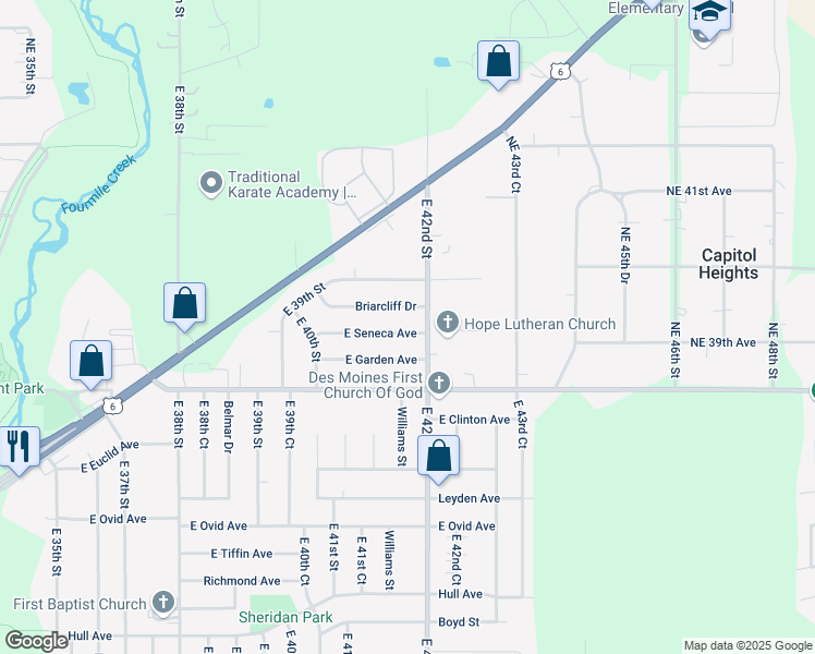 map of restaurants, bars, coffee shops, grocery stores, and more near 4140 East Seneca Avenue in Des Moines