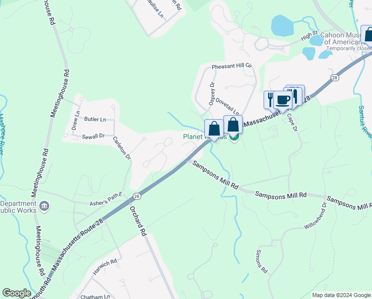 map of restaurants, bars, coffee shops, grocery stores, and more near 161 Falmouth Road in Mashpee
