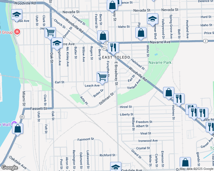 map of restaurants, bars, coffee shops, grocery stores, and more near 1016 Forsythe Street in Toledo