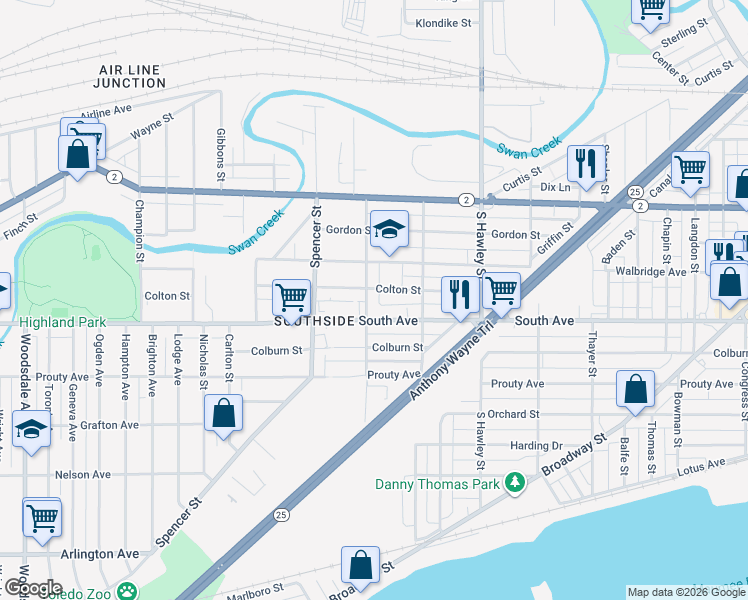 map of restaurants, bars, coffee shops, grocery stores, and more near 1302 South Avenue in Toledo