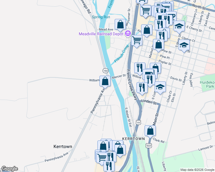 map of restaurants, bars, coffee shops, grocery stores, and more near 1101-1253 Pennsylvania Ave 102 in Meadville