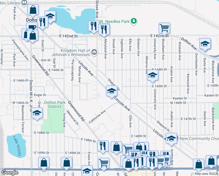 map of restaurants, bars, coffee shops, grocery stores, and more near 14509 Lincoln Avenue in Dolton