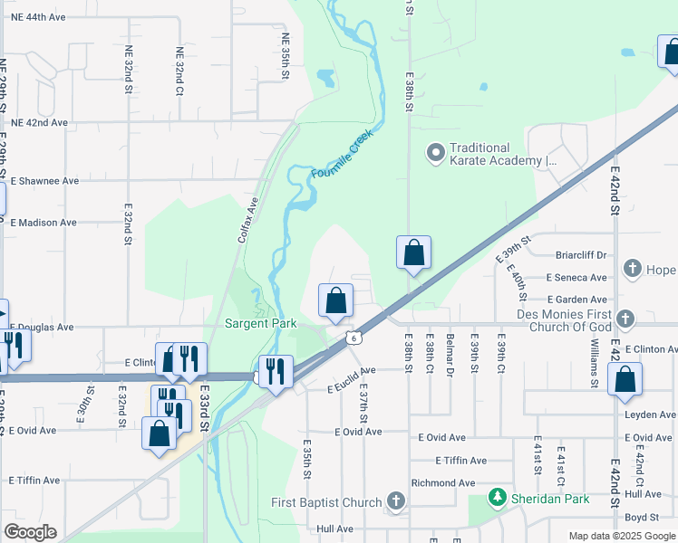 map of restaurants, bars, coffee shops, grocery stores, and more near 3604 East Douglas Avenue in Des Moines