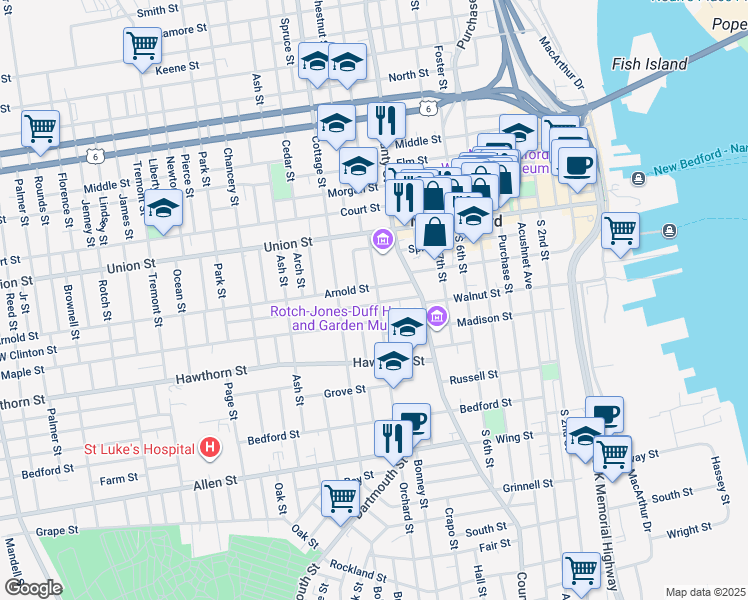 map of restaurants, bars, coffee shops, grocery stores, and more near 5 Clinton Place in New Bedford