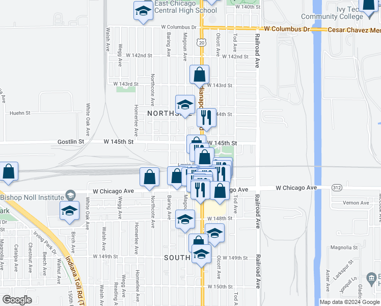 map of restaurants, bars, coffee shops, grocery stores, and more near 4530 Indianapolis Boulevard in East Chicago