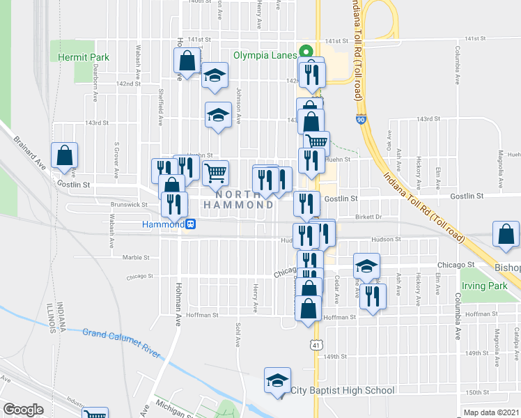 map of restaurants, bars, coffee shops, grocery stores, and more near 4527 Johnson Avenue in Hammond