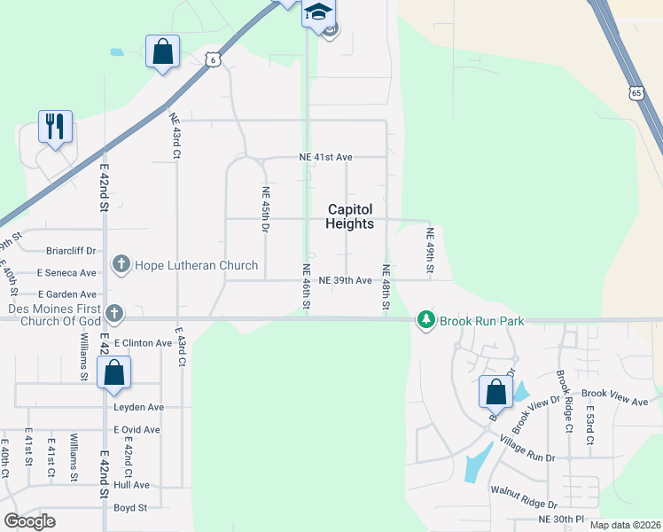 map of restaurants, bars, coffee shops, grocery stores, and more near 4715 Northeast 39th Avenue in Des Moines