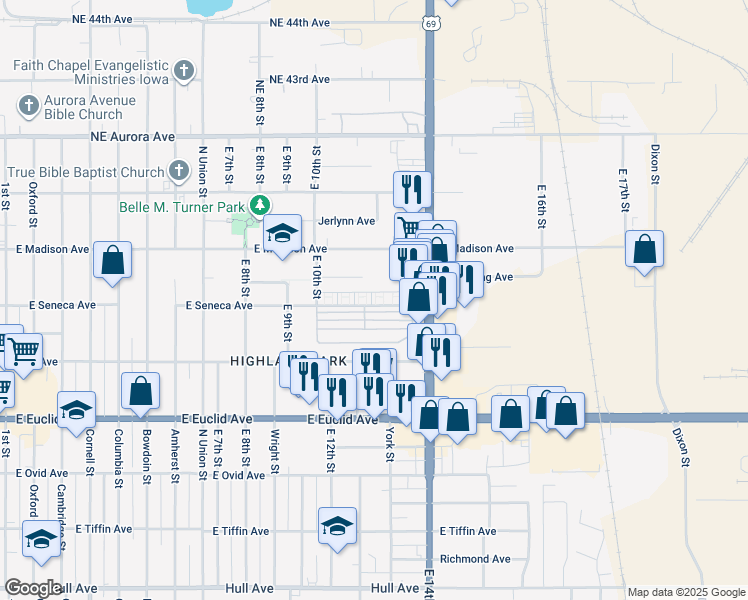 map of restaurants, bars, coffee shops, grocery stores, and more near 1228 East Seneca Avenue in Des Moines