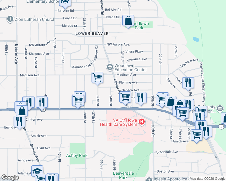 map of restaurants, bars, coffee shops, grocery stores, and more near 3839 34th Street in Des Moines