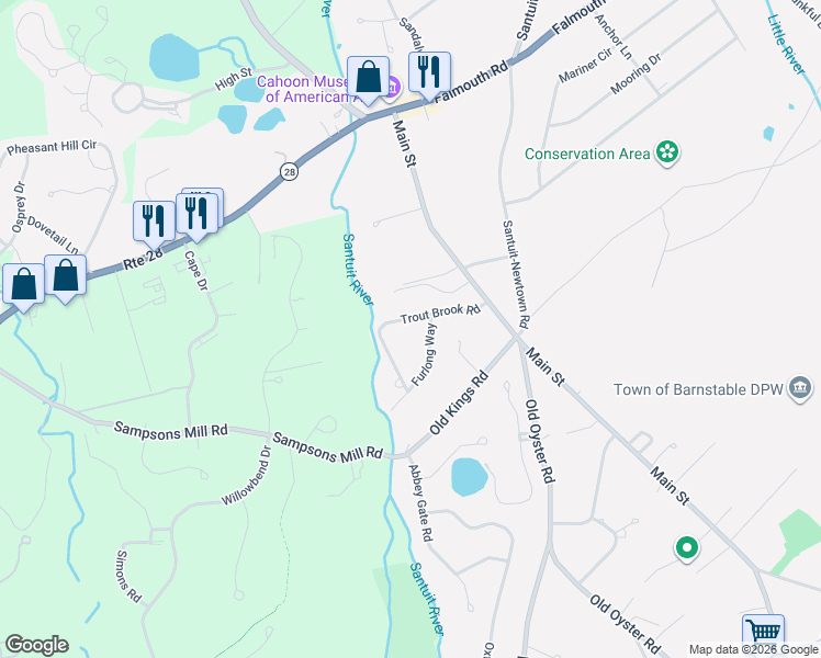 map of restaurants, bars, coffee shops, grocery stores, and more near 143 Trout Brook Road in Barnstable