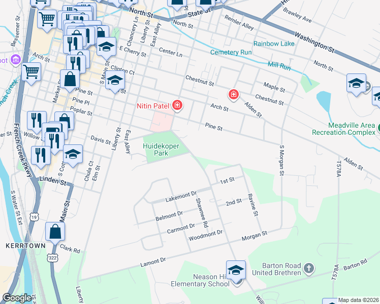 map of restaurants, bars, coffee shops, grocery stores, and more near 590 Williamson Road in Meadville