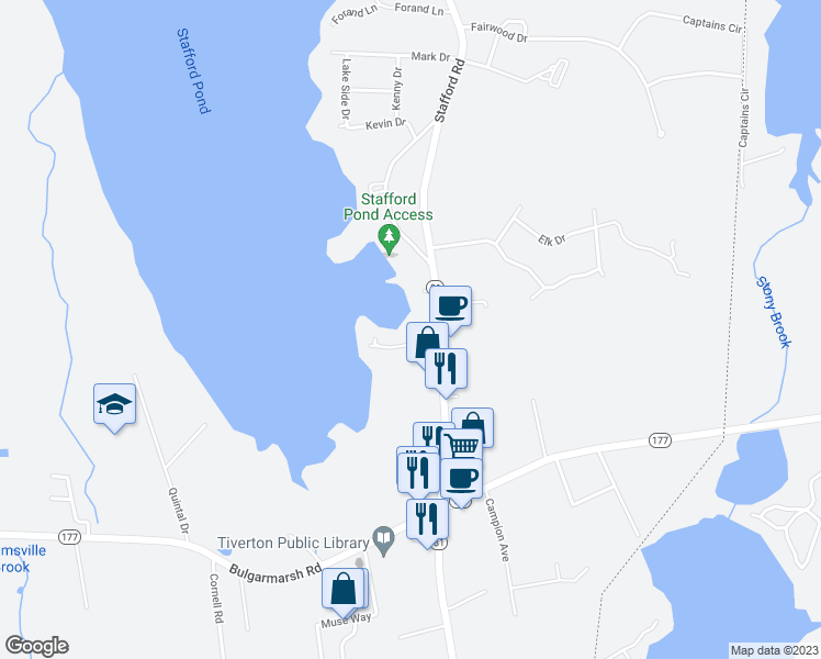 map of restaurants, bars, coffee shops, grocery stores, and more near 1125 Stafford Road in Tiverton