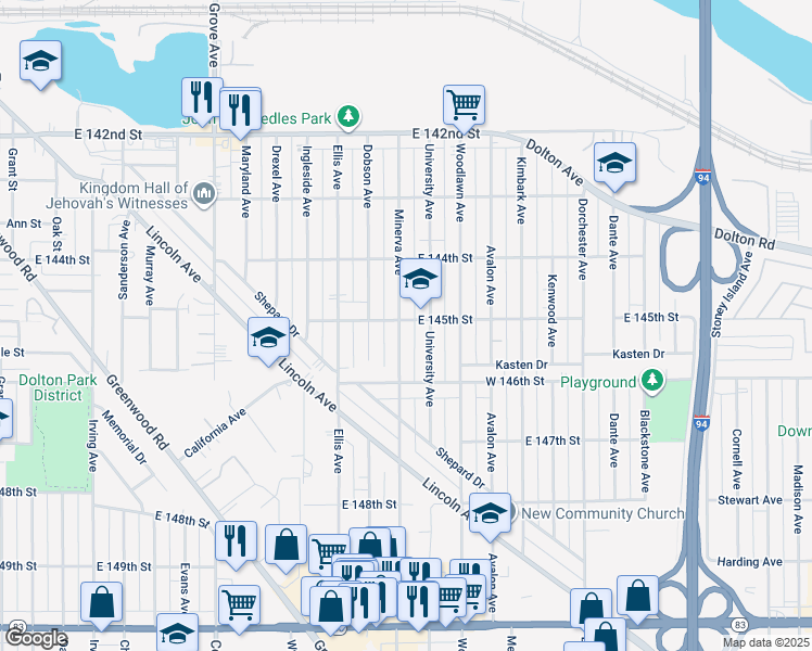 map of restaurants, bars, coffee shops, grocery stores, and more near 1107 East 145th Street in Dolton