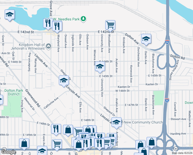 map of restaurants, bars, coffee shops, grocery stores, and more near 1107 East 145th Street in Dolton
