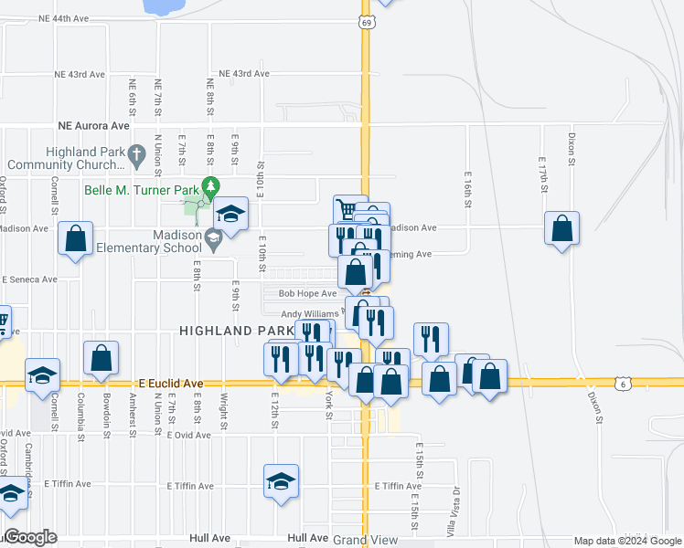 map of restaurants, bars, coffee shops, grocery stores, and more near 1306 East Seneca Avenue in Des Moines