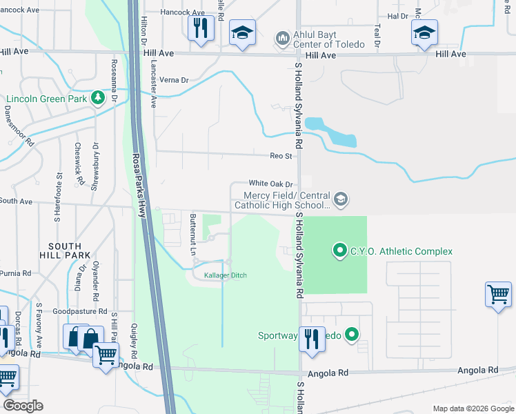 map of restaurants, bars, coffee shops, grocery stores, and more near 6071 Willowvale Drive in Toledo