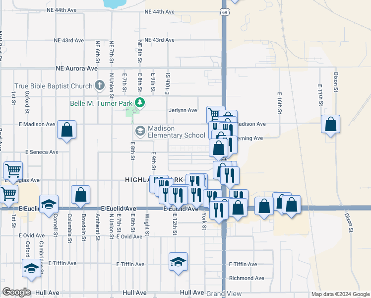 map of restaurants, bars, coffee shops, grocery stores, and more near 1200 East Seneca Avenue in Des Moines