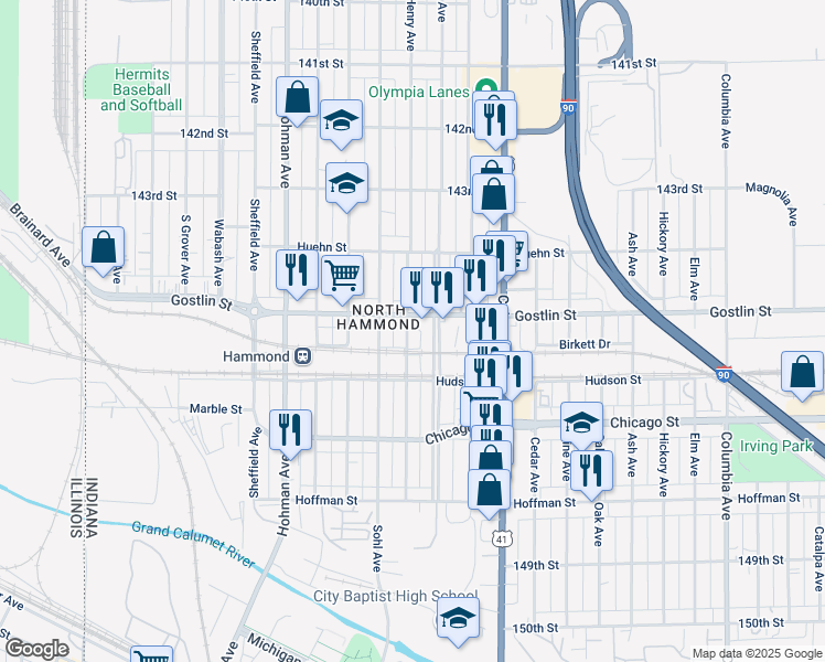 map of restaurants, bars, coffee shops, grocery stores, and more near 4513 Henry Avenue in Hammond