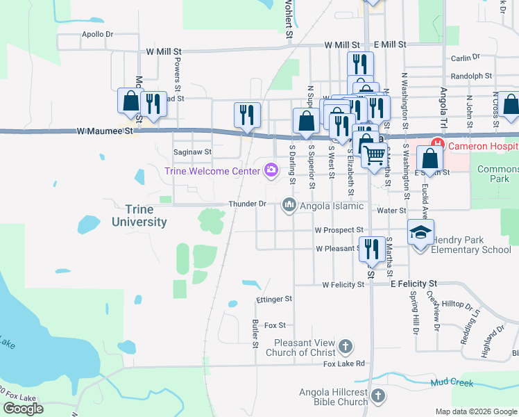 map of restaurants, bars, coffee shops, grocery stores, and more near 418 Oakwood Street in Angola