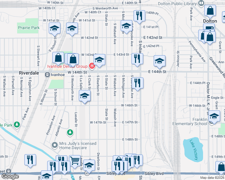map of restaurants, bars, coffee shops, grocery stores, and more near 14512 South Wabash Avenue in Riverdale