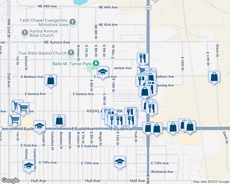 map of restaurants, bars, coffee shops, grocery stores, and more near 1116 East Seneca Avenue in Des Moines