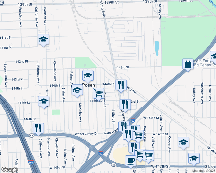 map of restaurants, bars, coffee shops, grocery stores, and more near 2340 144th Place in Posen