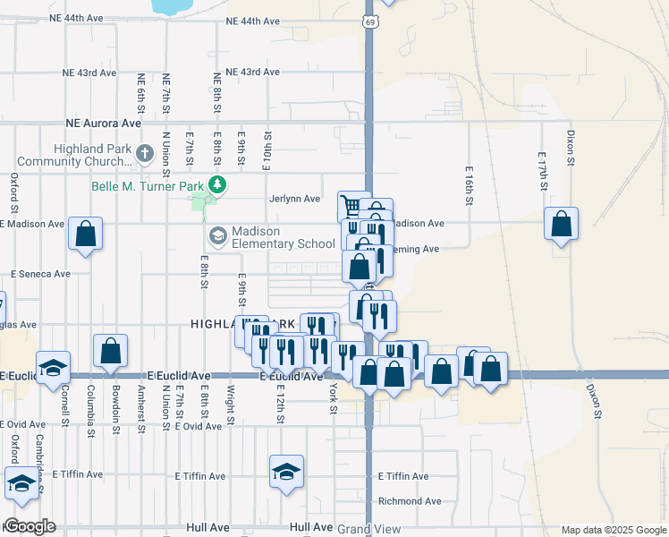 map of restaurants, bars, coffee shops, grocery stores, and more near 1246 East Seneca Avenue in Des Moines