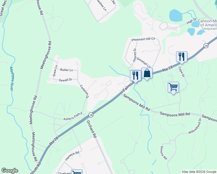 map of restaurants, bars, coffee shops, grocery stores, and more near 161 Falmouth Road in Mashpee