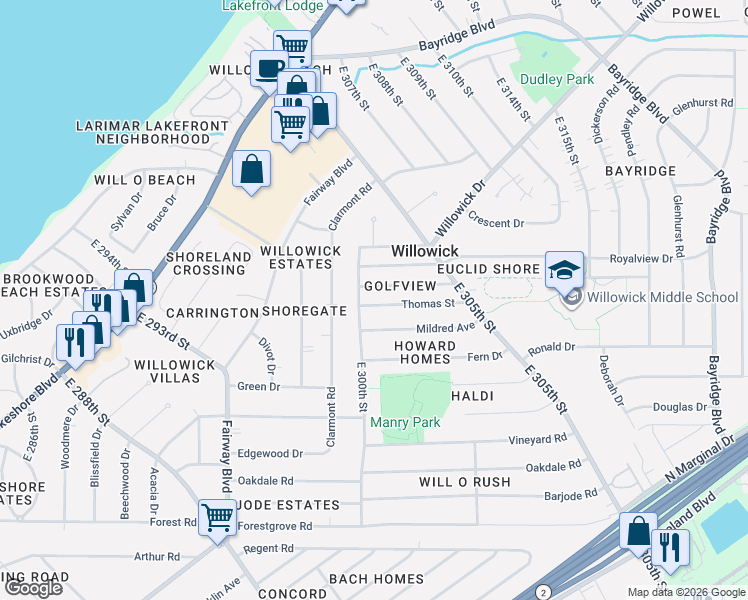 map of restaurants, bars, coffee shops, grocery stores, and more near 30007 Mildred Avenue in Willowick