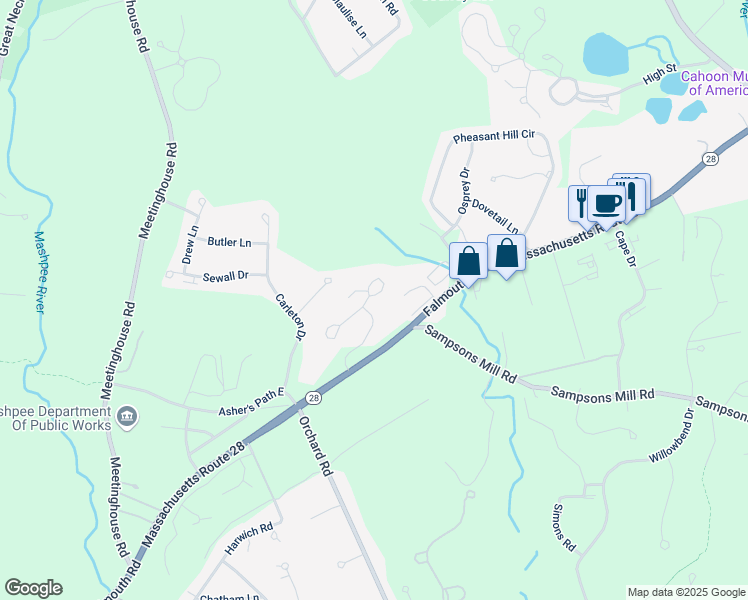map of restaurants, bars, coffee shops, grocery stores, and more near 161 Falmouth Road in Mashpee
